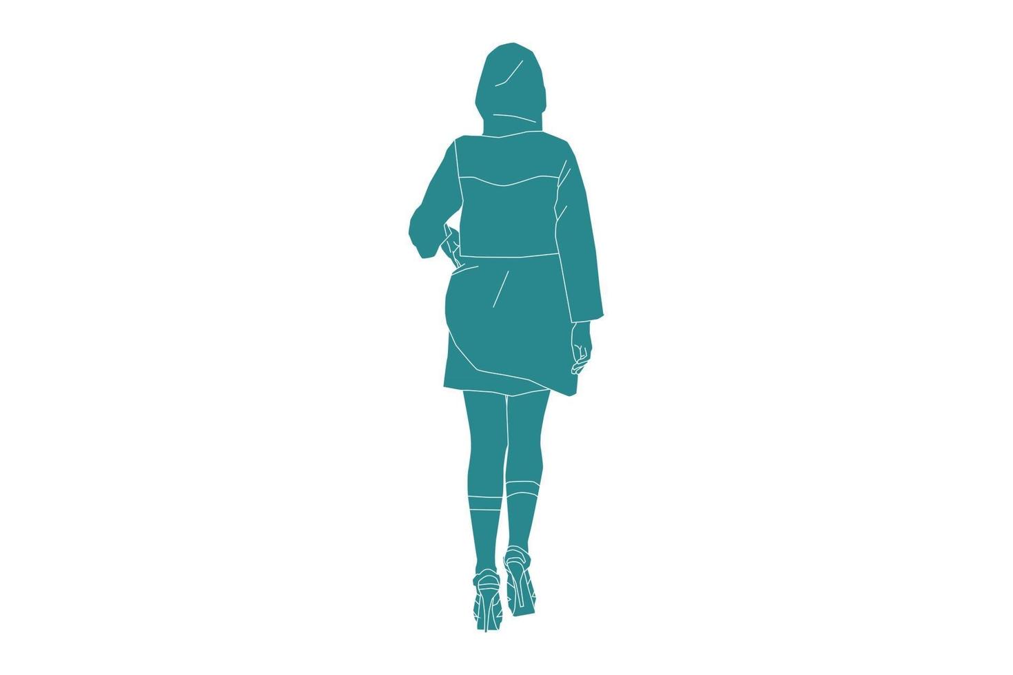 Vector illustration of fashionable woman walking looks from behind, Flat style with outline