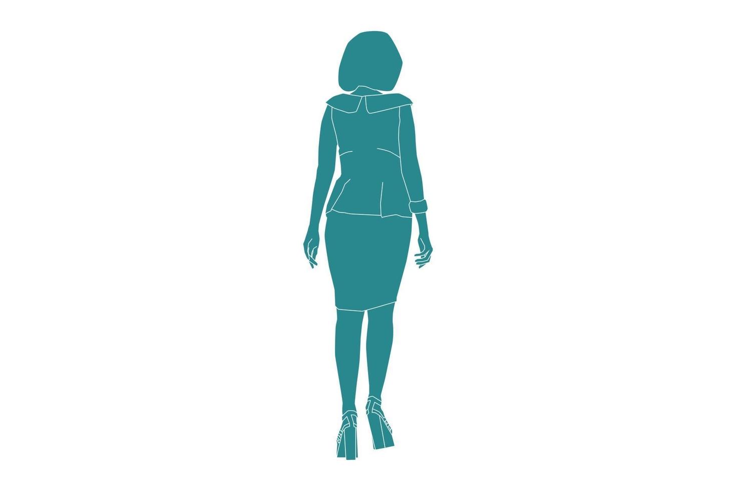 Vector illustration of elegantwoman walking looks from behind, Flat style with outline