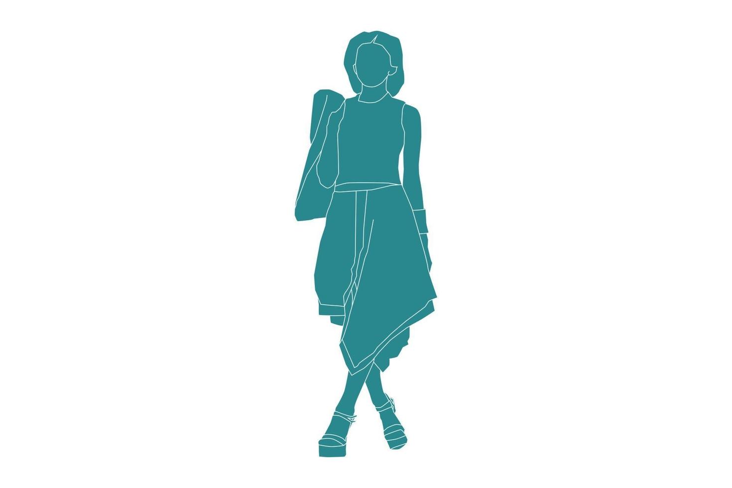 Vector illustration of stylish woman posing, Flat style with outline
