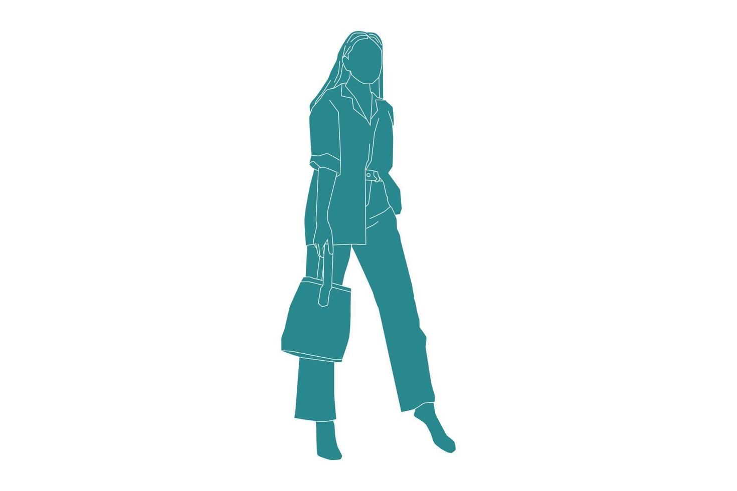 Ilustración vectorial de mujer casual posando con su bolso, estilo plano con contorno vector