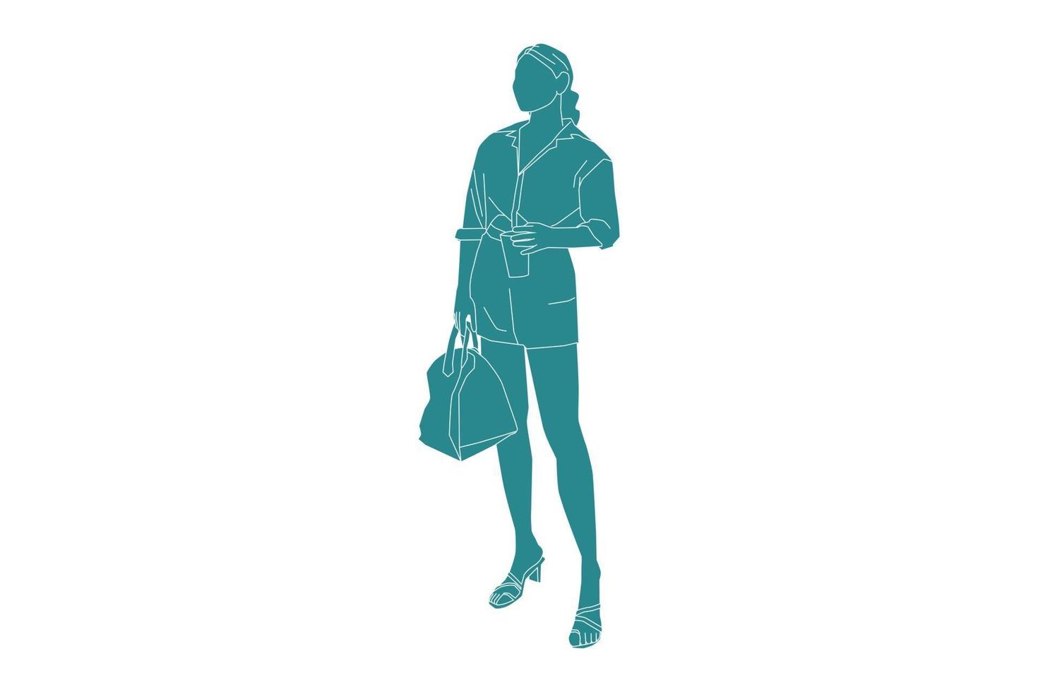 Vector illustration of casual woman posing with her bag, Flat style with outline
