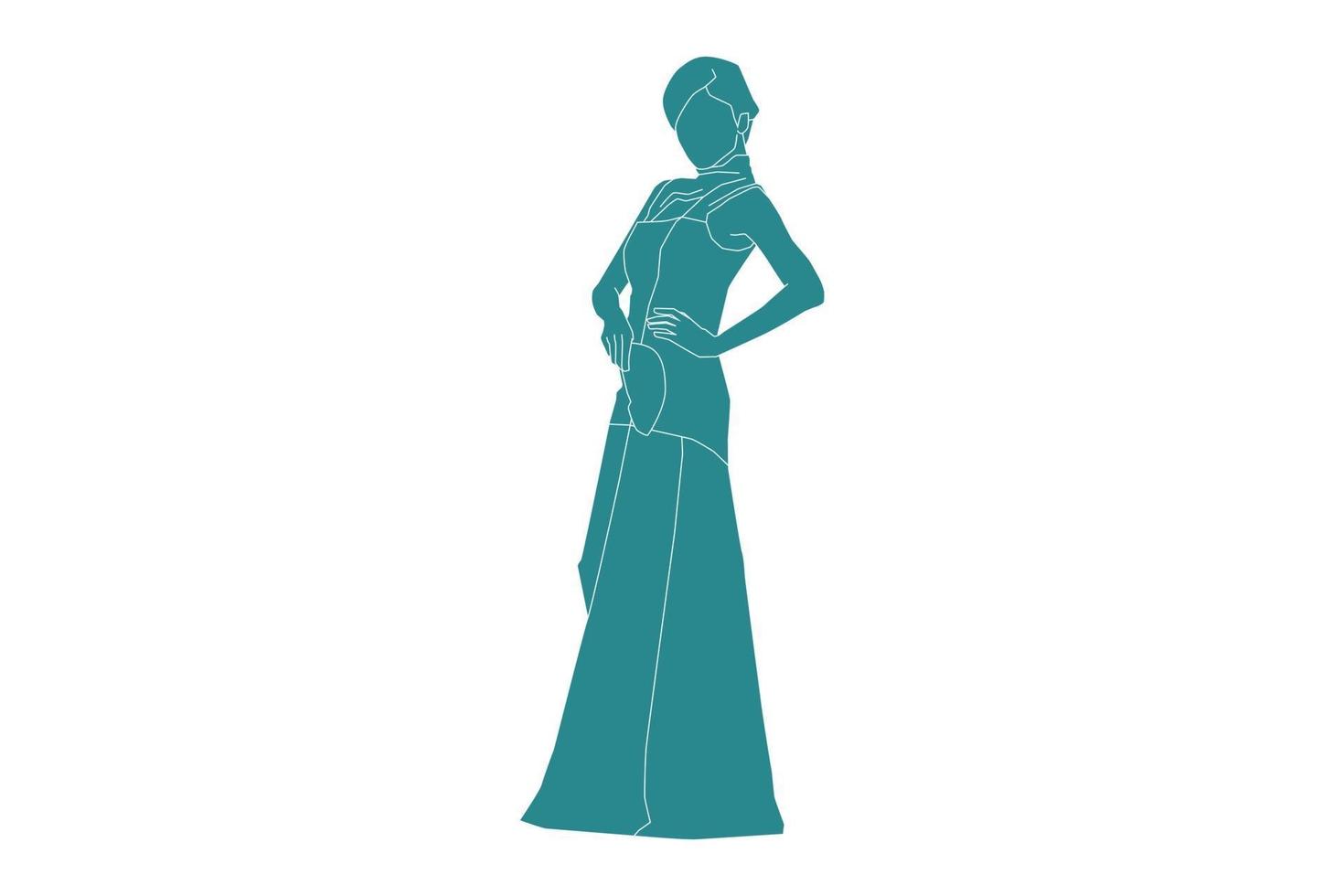 Vector illustration of elegant woman posing, Flat style with outline