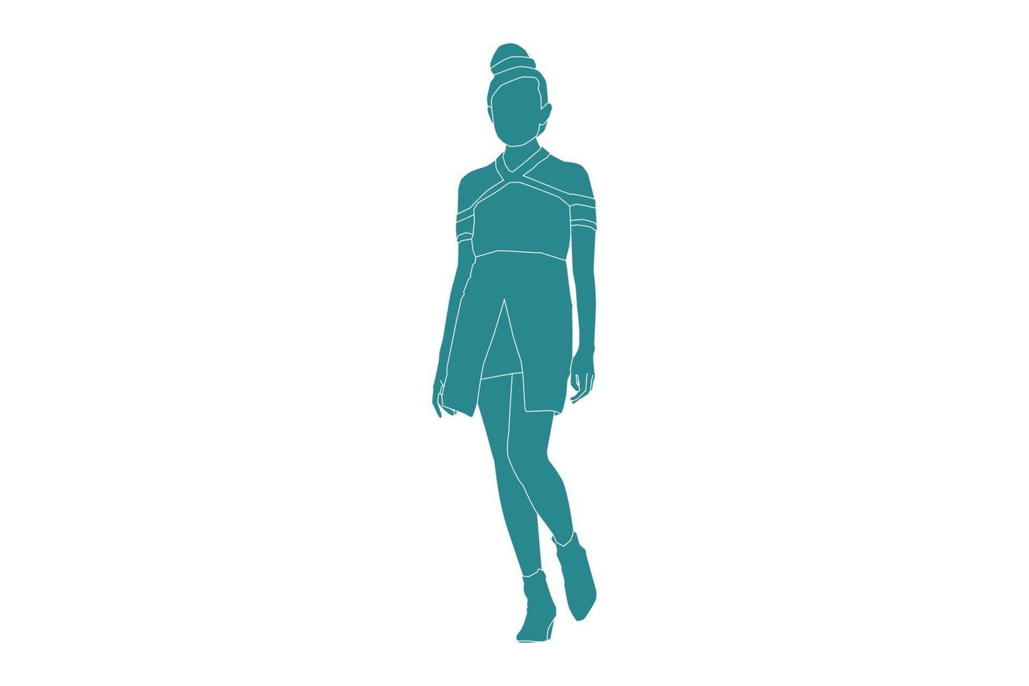 Ilustración vectorial de mujer elegante caminando, estilo plano con contorno vector