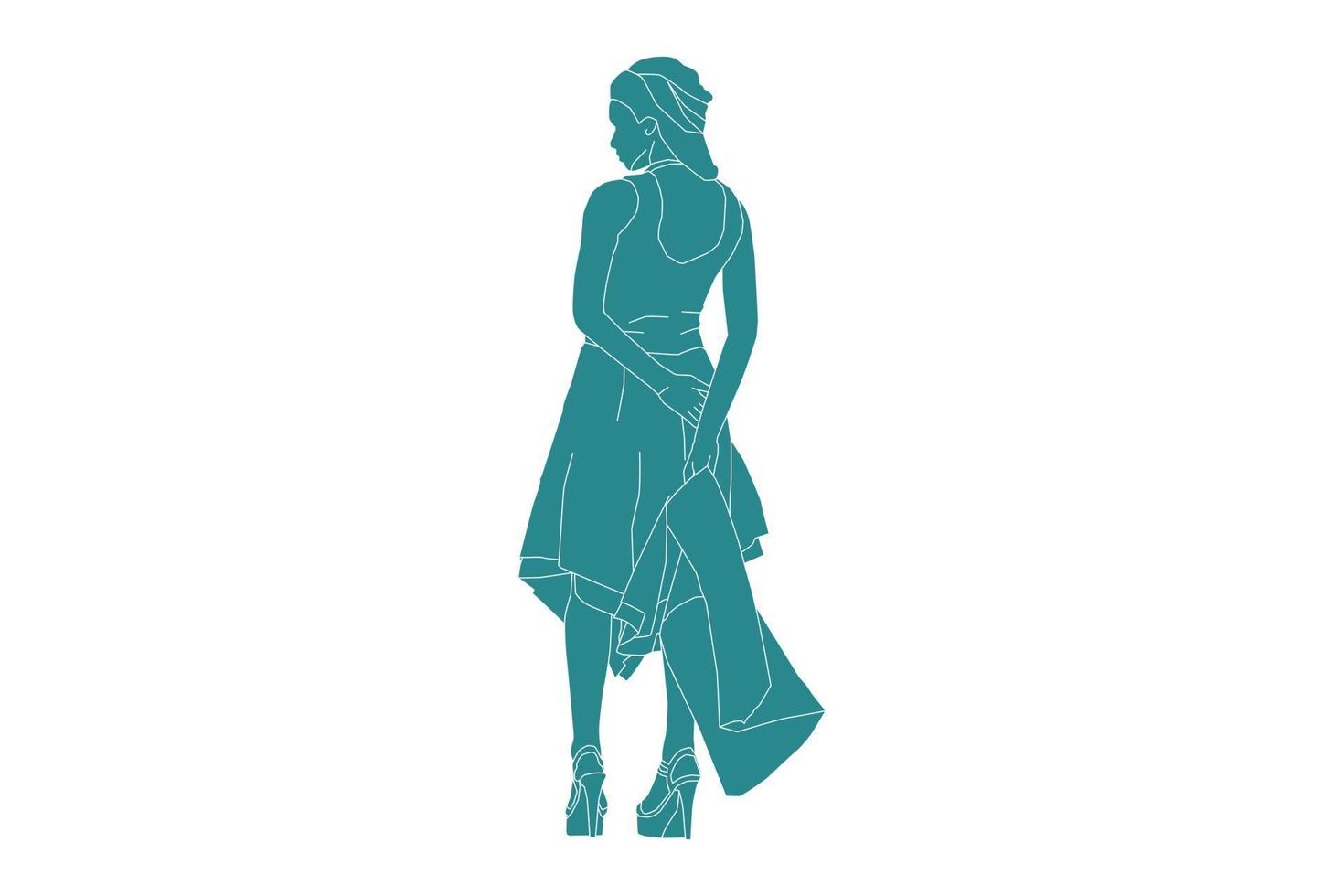 Vector illustration of fashionable woman posing, Flat style with outline