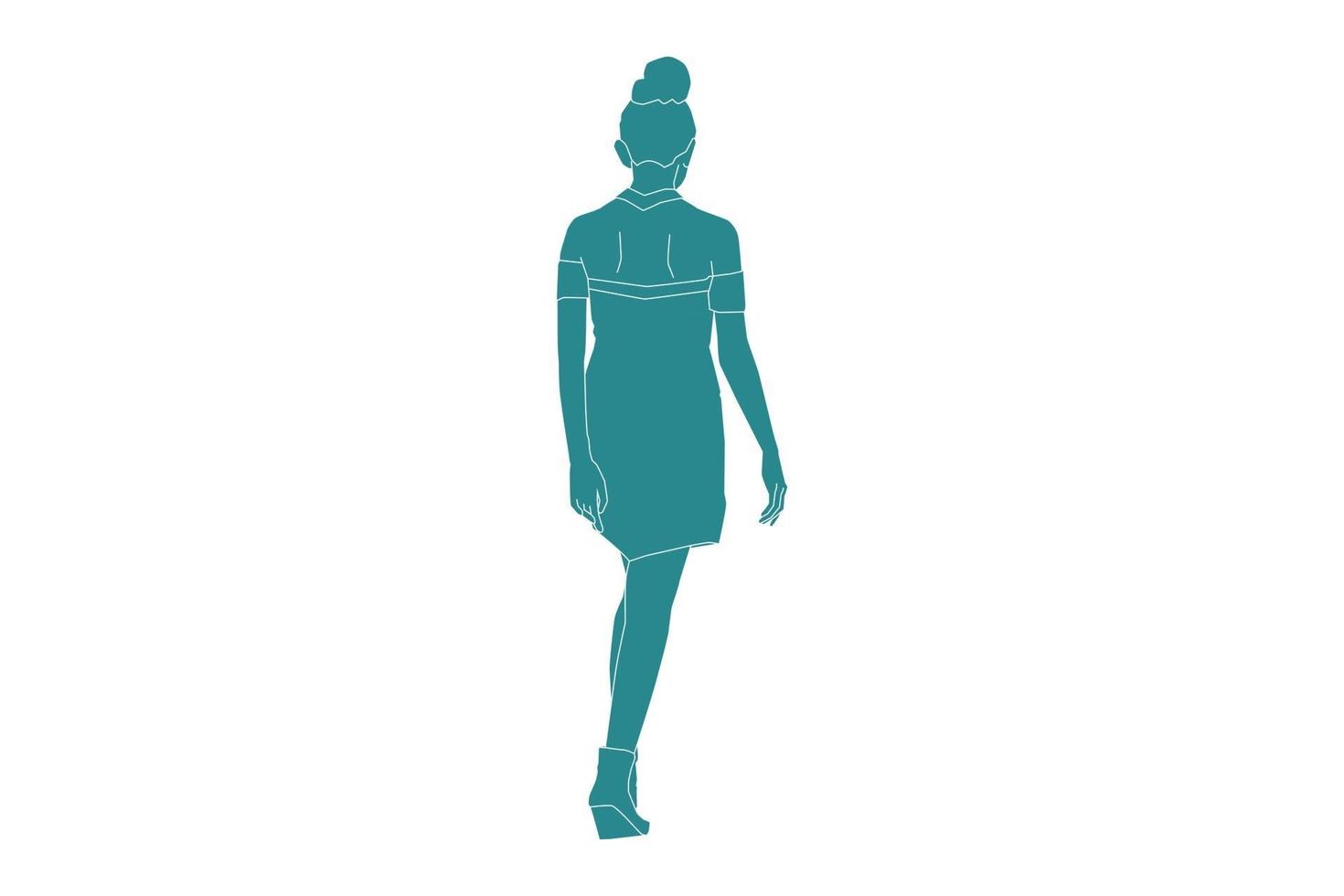 Vector illustration of elegant woman walking looks from behind, Flat style with outline