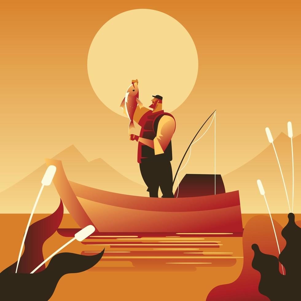 Fisherman Got a Big Fish Concept vector