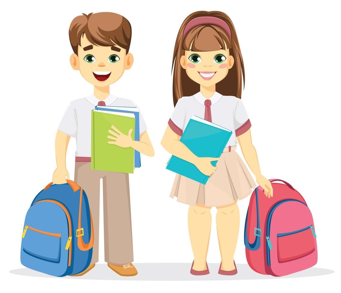 Schoolboy and schoolgirl with backpack and textbooks vector