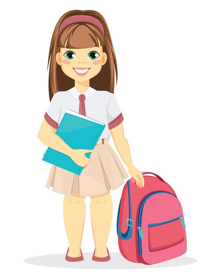 Schoolgirl with backpack and textbook. vector