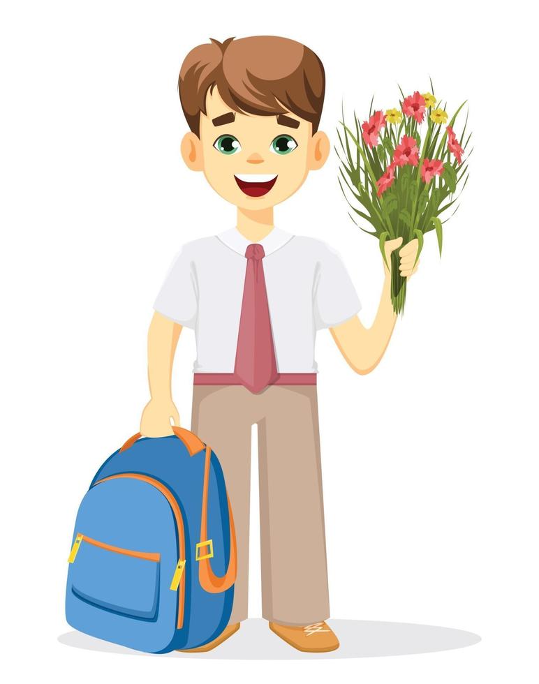 Schoolboy with backpack and bouquet of flowers vector