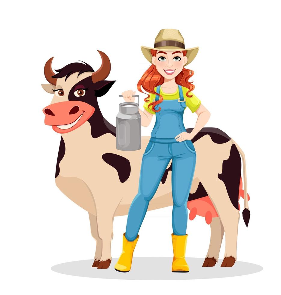 hermosa mujer campesina de pie con vaca vector