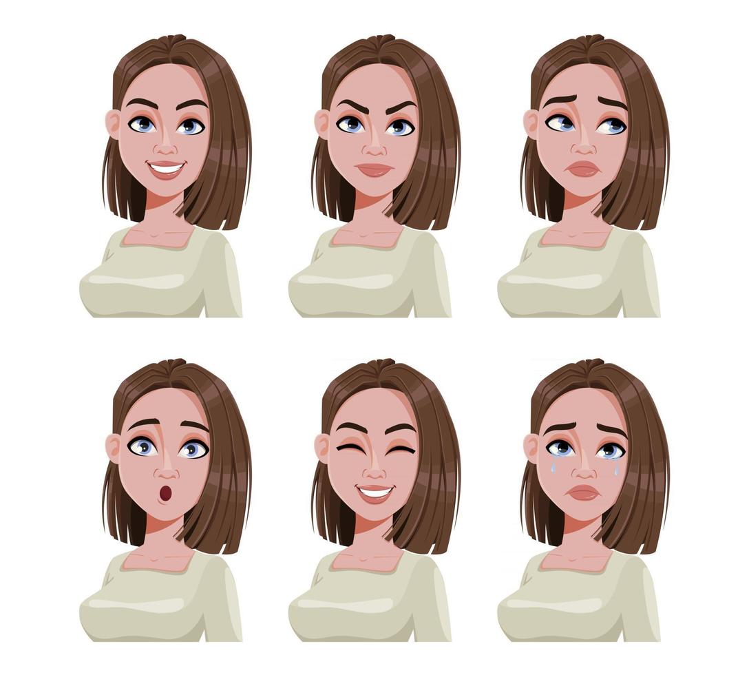 expresiones faciales de mujer con cabello castaño vector