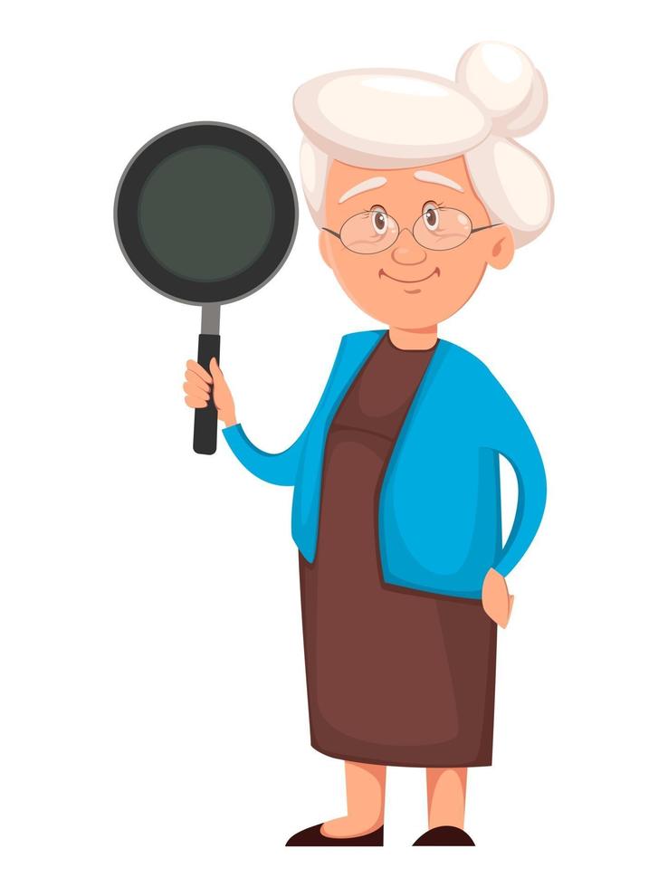 abuela sosteniendo una sartén vector