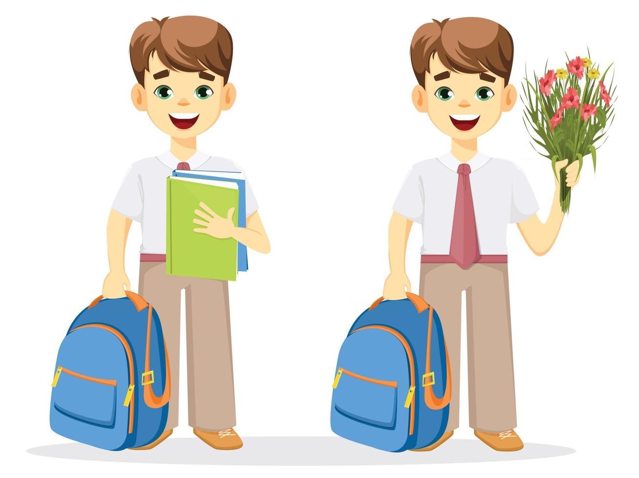 Schoolboy with backpack, textbook and bouquet of flowers. vector