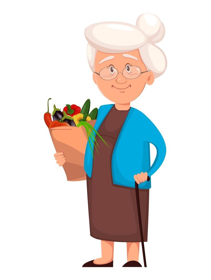 abuela sosteniendo paquete con verduras vector