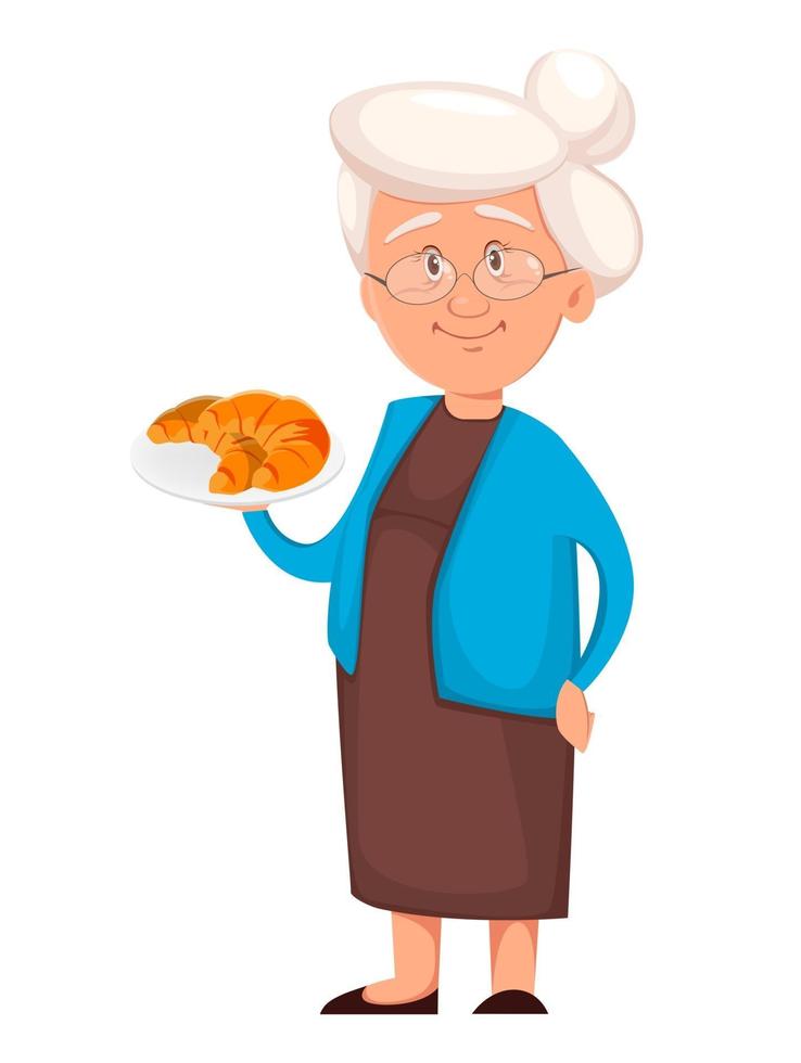 abuela sosteniendo deliciosos croissants vector