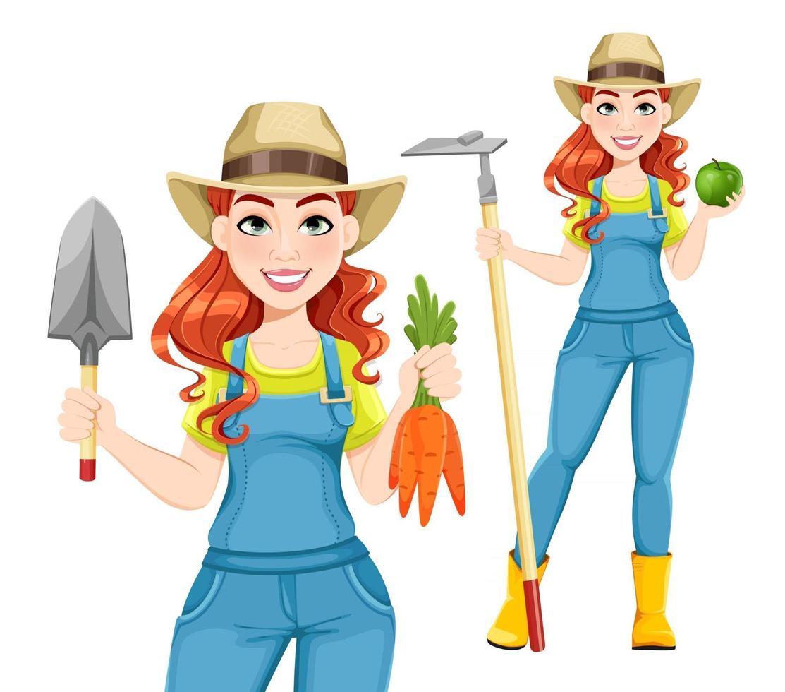 hermosa mujer agricultora, conjunto de dos poses vector