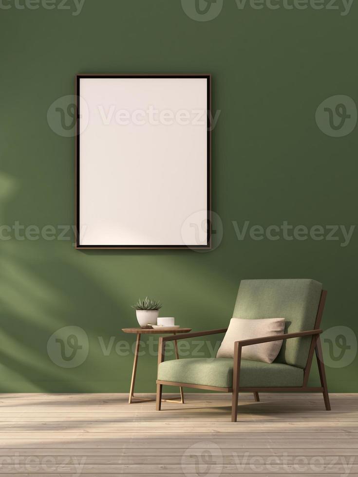 Representación 3D de diseño de interiores para sala de estar en pared verde foto