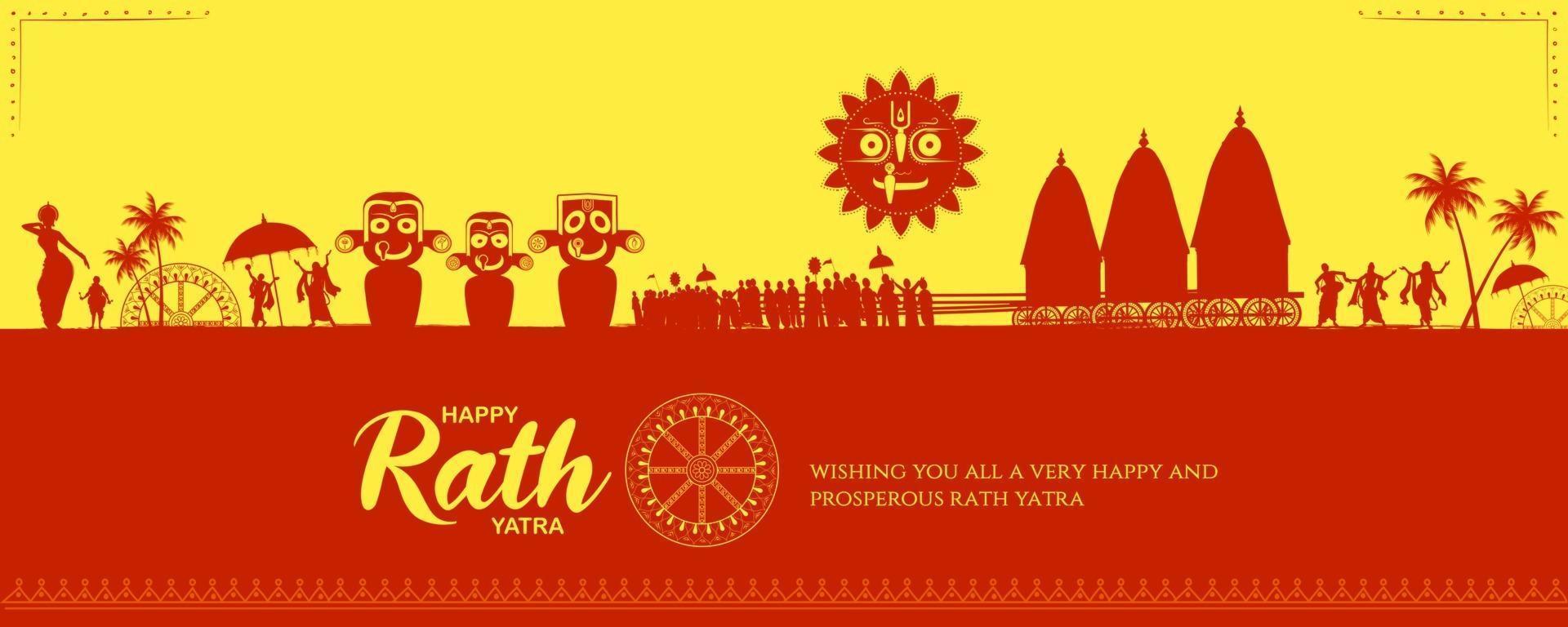 Ilustración de lord jagannath, balabhadra y subhadra en rathayatra anual en el fondo del festival odisha vector