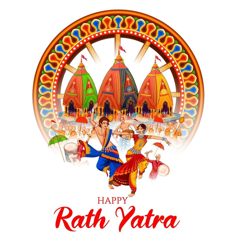 illustration of Lord Jagannath, Balabhadra and Subhadra on annual Rathayatra in Odisha festival background vector