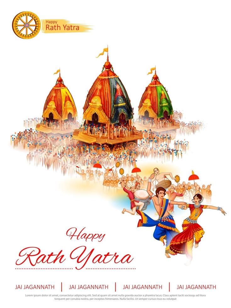 Ilustración de lord jagannath, balabhadra y subhadra en rathayatra anual en el fondo del festival odisha vector