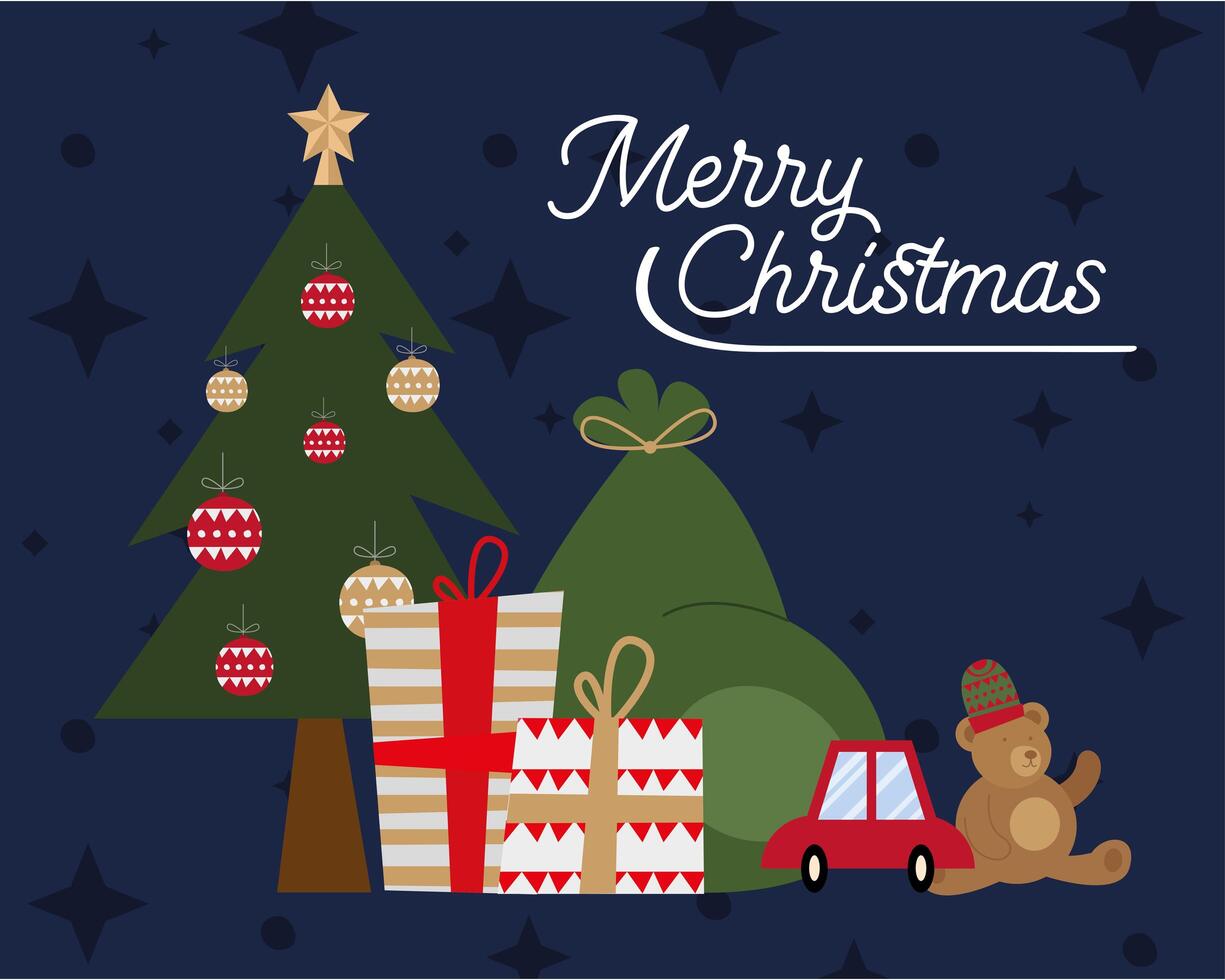 happy merry christmas pine tree with gifts and toys vector
