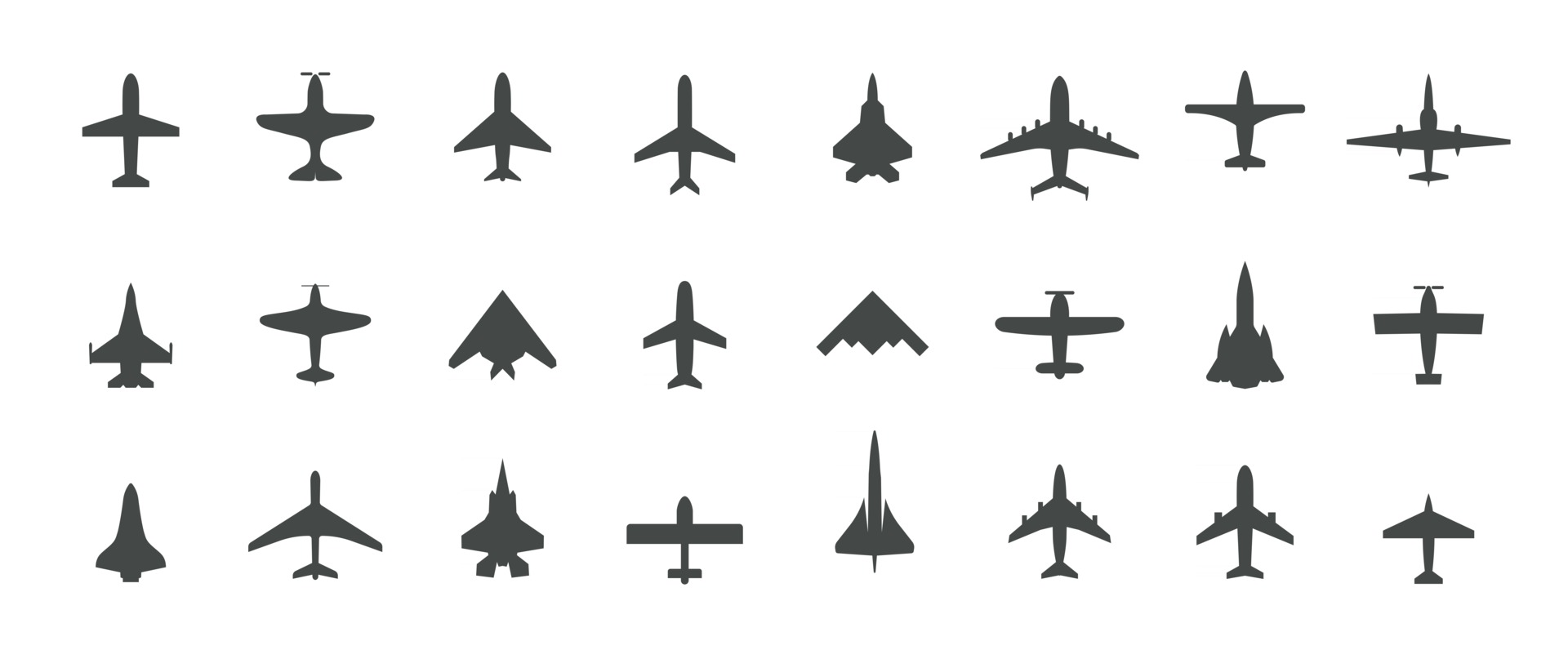 Set of jet plane, top view icons. Black silhouette airplanes, jets
