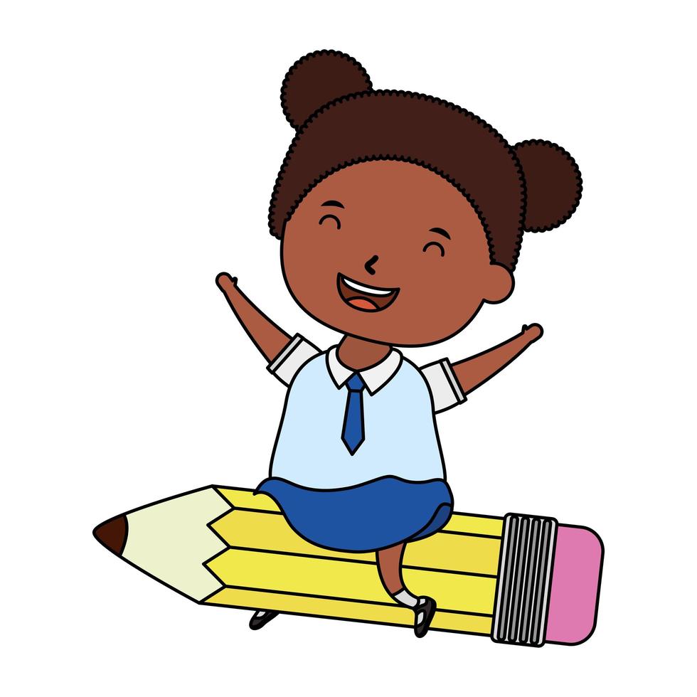 cute little student afro girl seated in pencil character vector