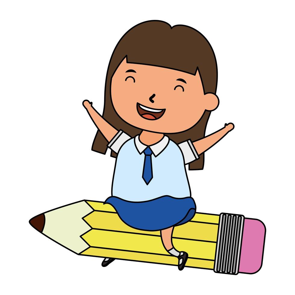 cute little student girl seated in pencil character vector