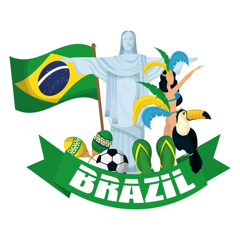 cartel de carnaval de brasil con letras y establecer iconos vector