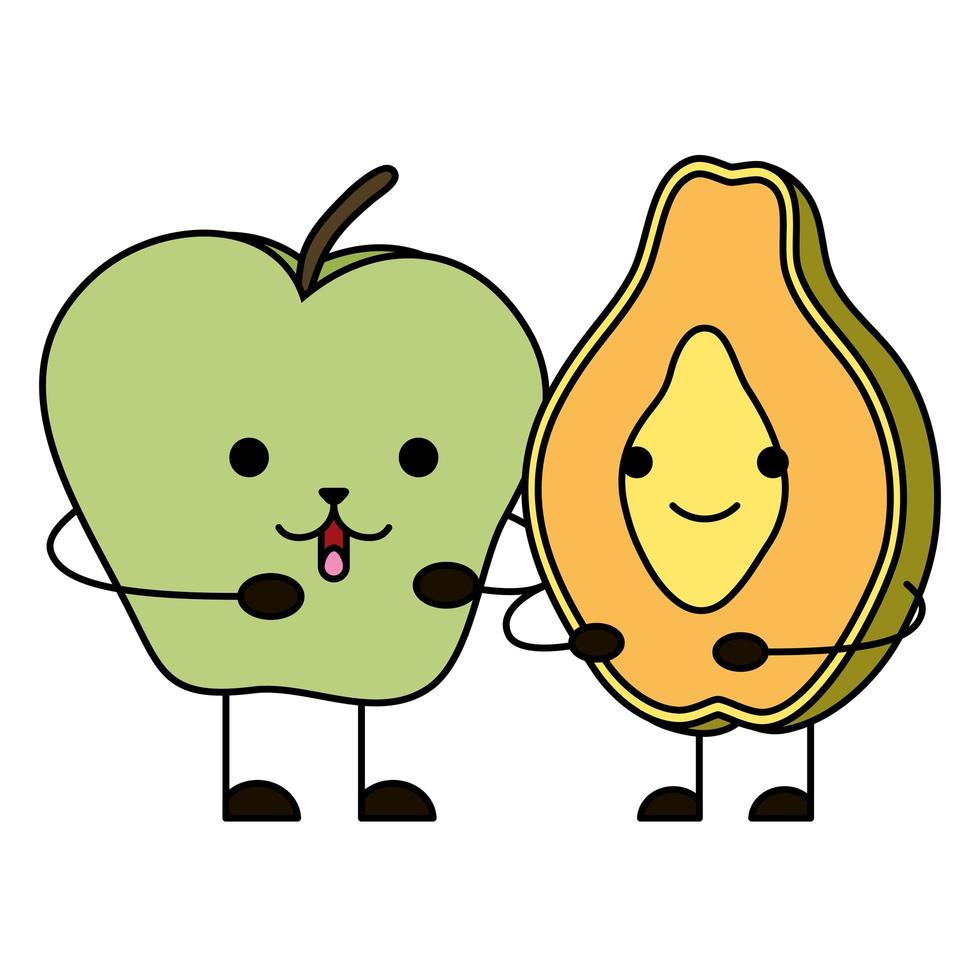 tropical papaya and apple kawaii characters vector