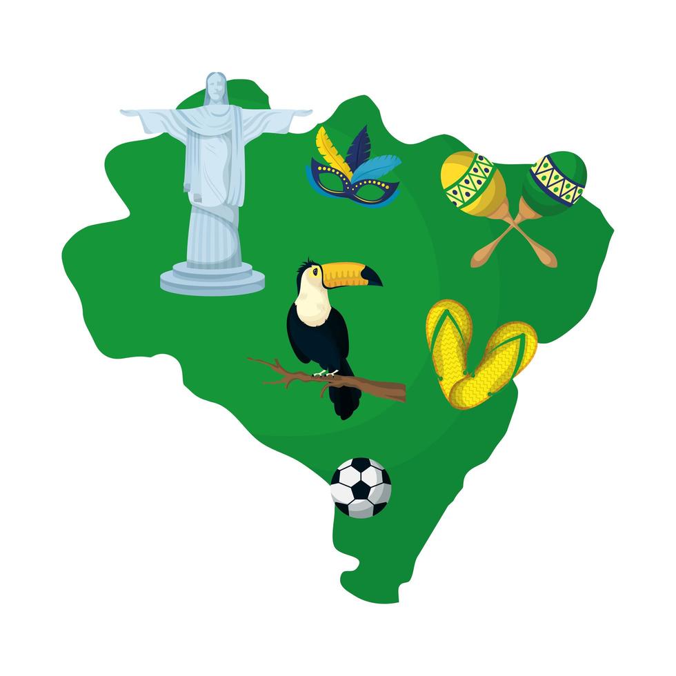 cartel de carnaval de brasil con mapa y establecer iconos vector