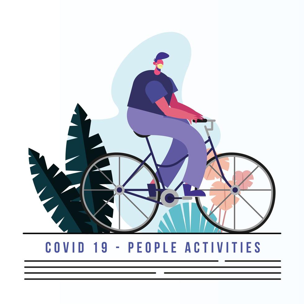 man wearing medical mask riding bicycle and text vector