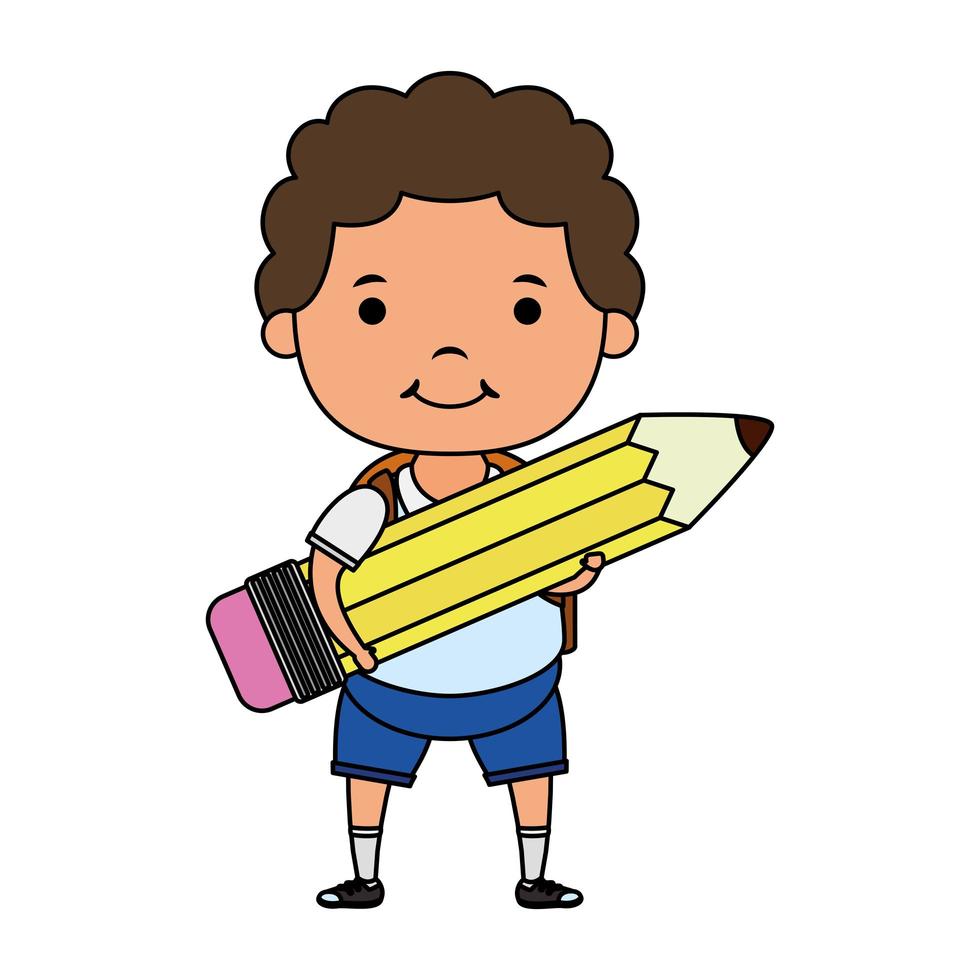 lindo niño pequeño estudiante con personaje de lápiz vector