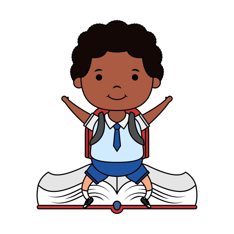 cute little afro student boy seated in book character vector