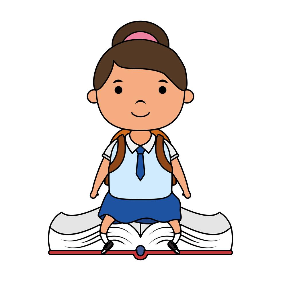 cute little student girl seated in book character vector