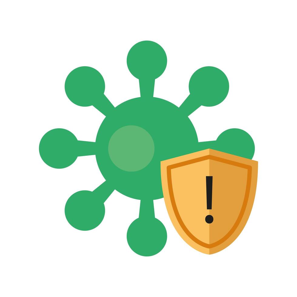 covid19 virus particle with shield flat style vector