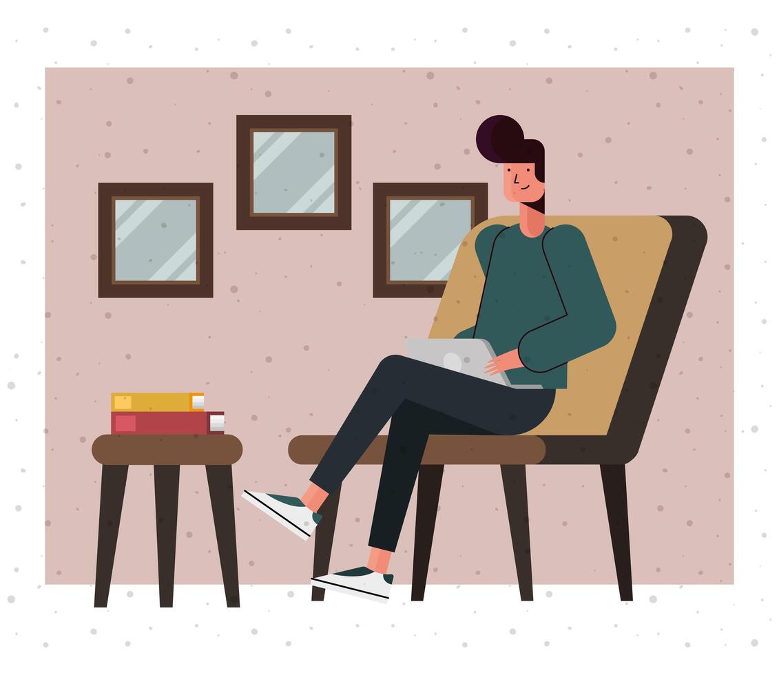 Man cartoon on seat with laptop at home vector design