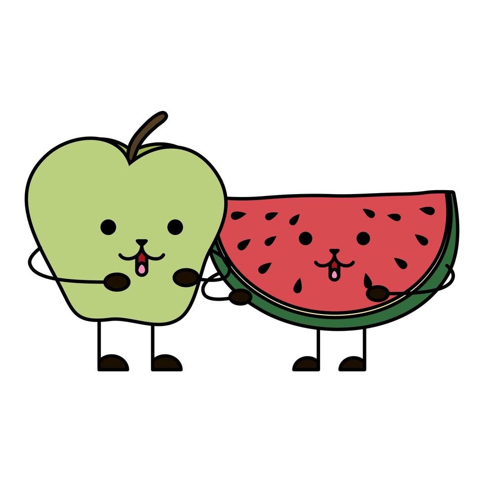 fresh watermelon and apple kawaii characters vector