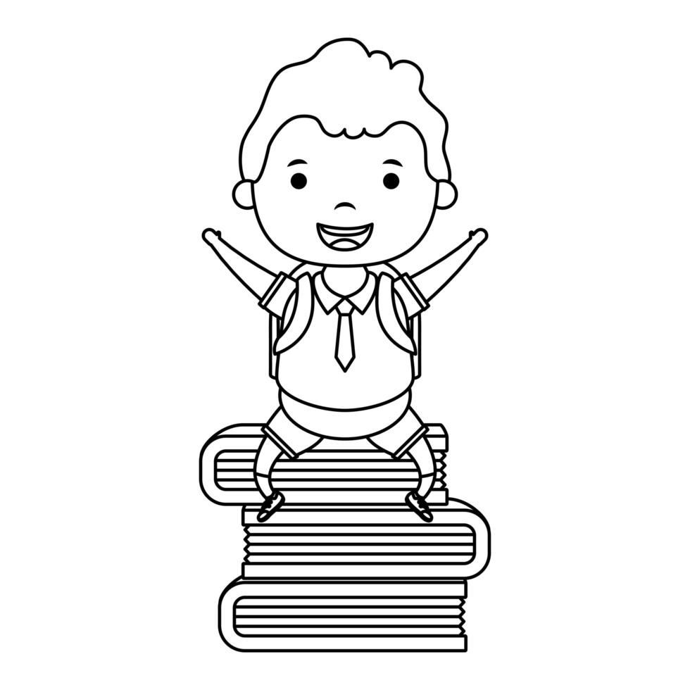 cute little student boy seated in books character vector