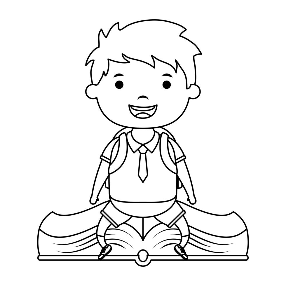 cute little student boy seated in book character vector