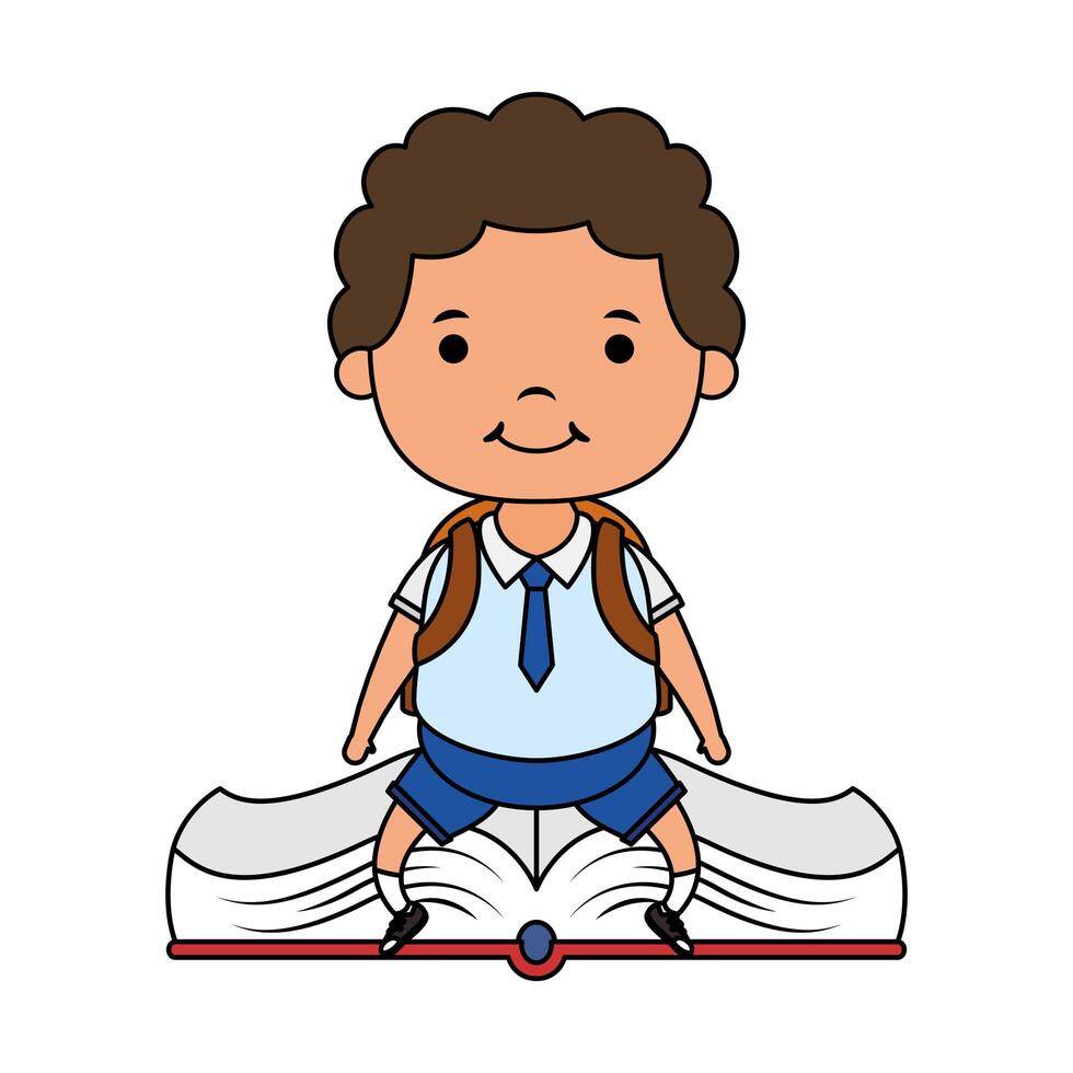 cute little student boy seated in book character vector