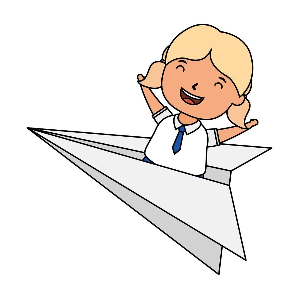 cute little student blond girl with paper airplane vector