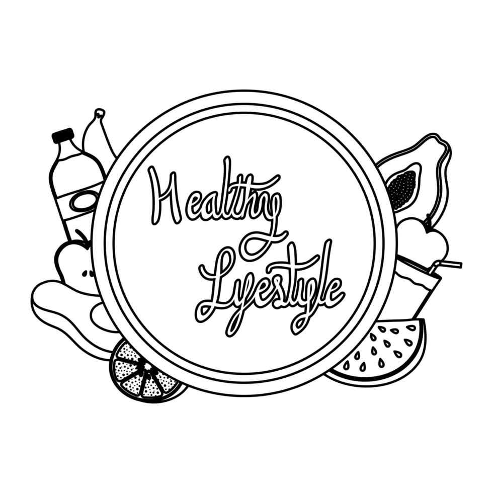 healthy life style lettering and set icons vector