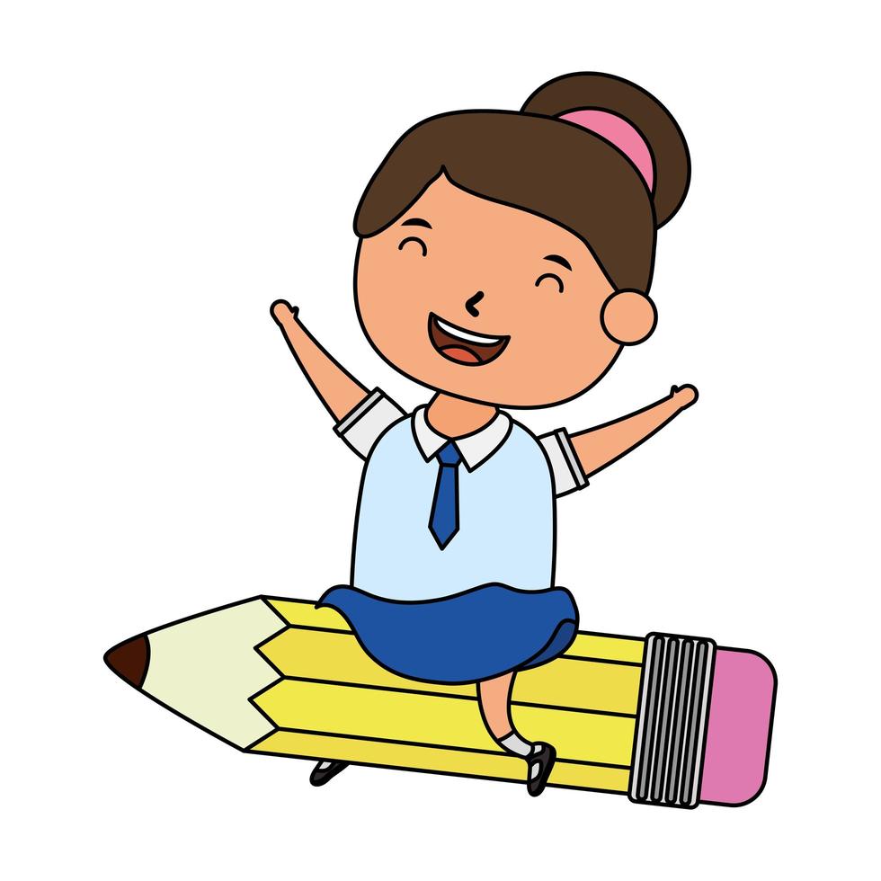 cute little student girl seated in pencil character vector