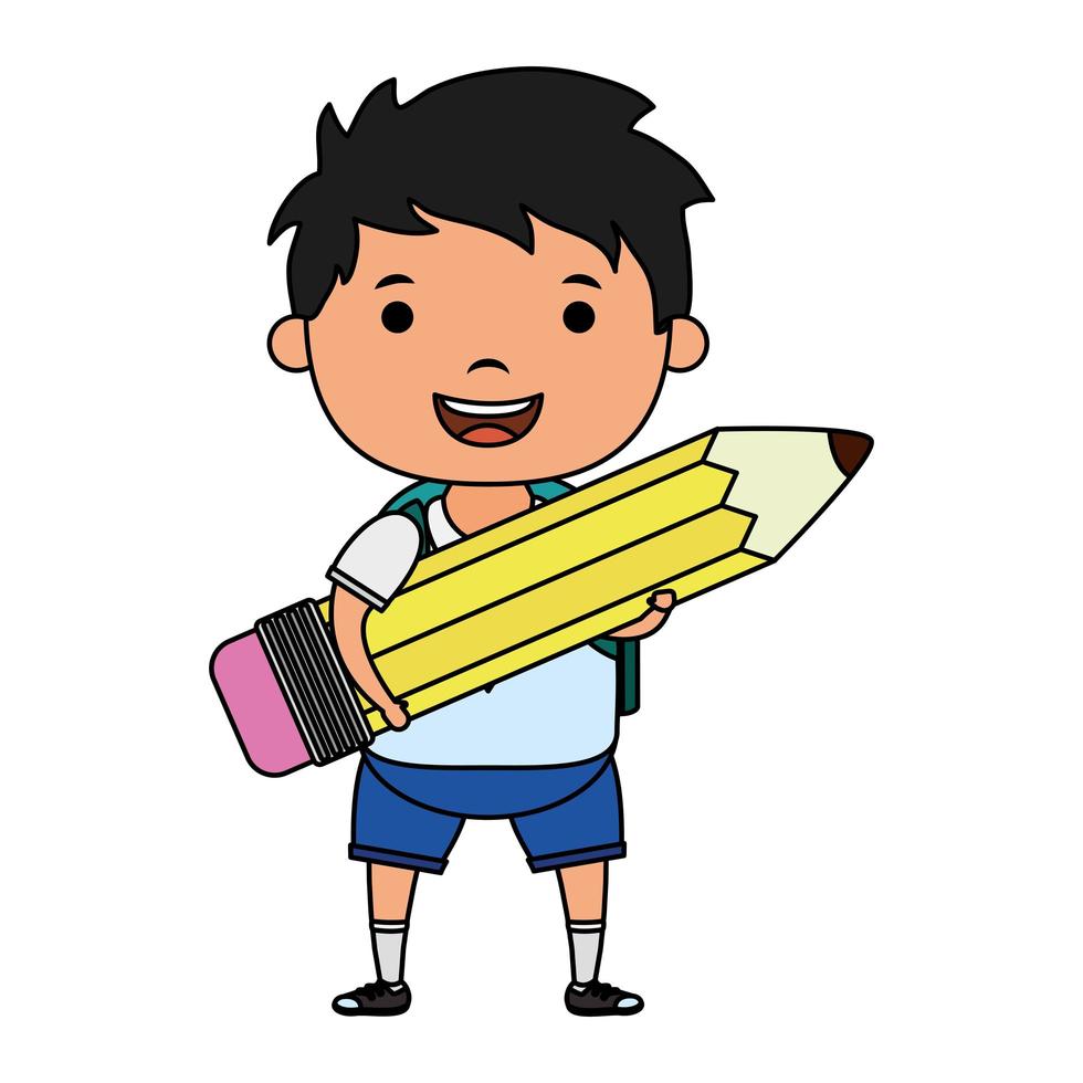 lindo niño pequeño estudiante con personaje de lápiz vector