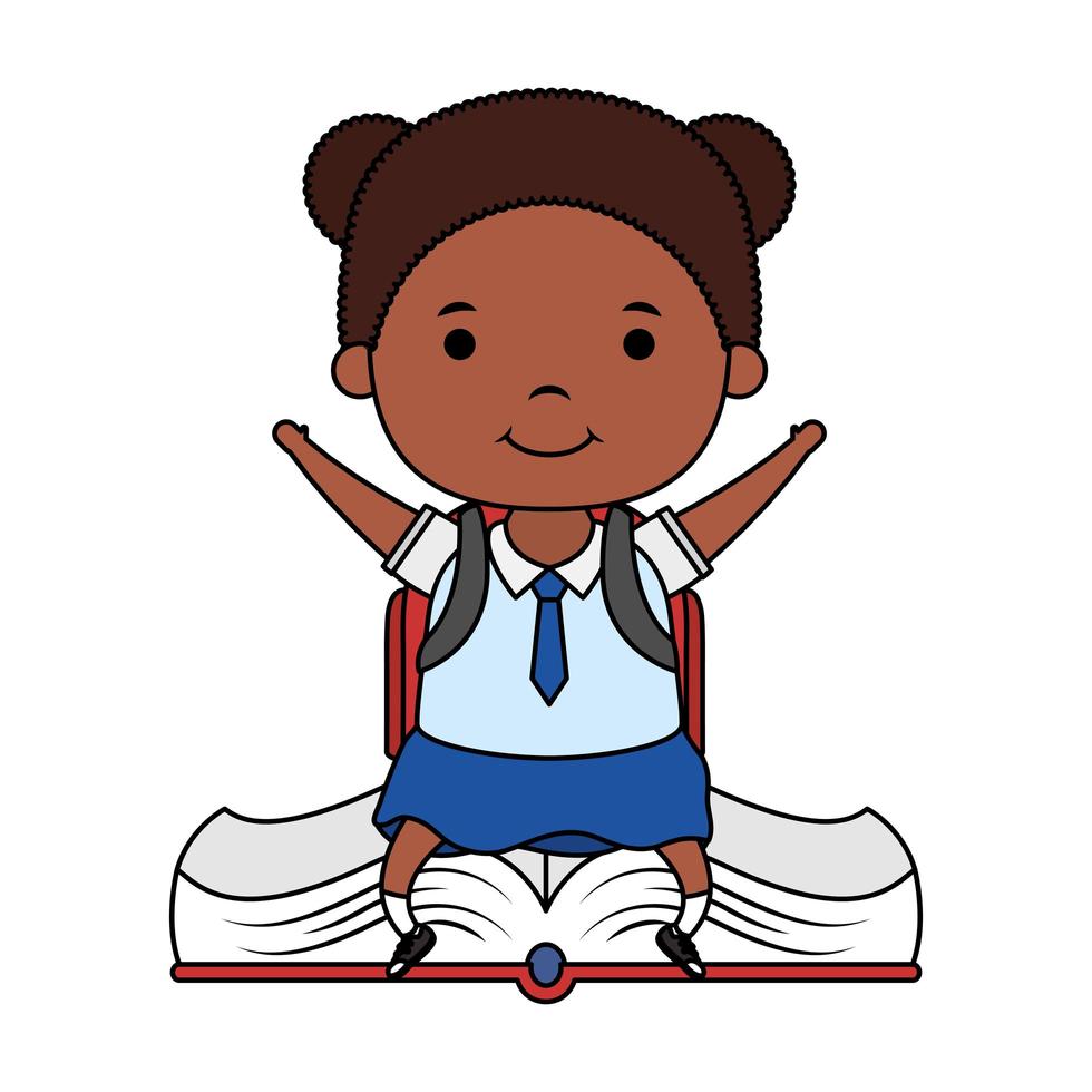 cute little student afro girl seated in book character vector