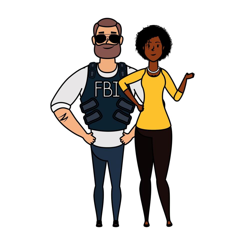 young man fbi agent with afro woman characters vector