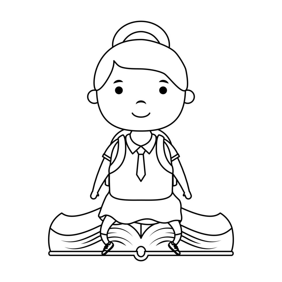 cute little student girl seated in book character vector