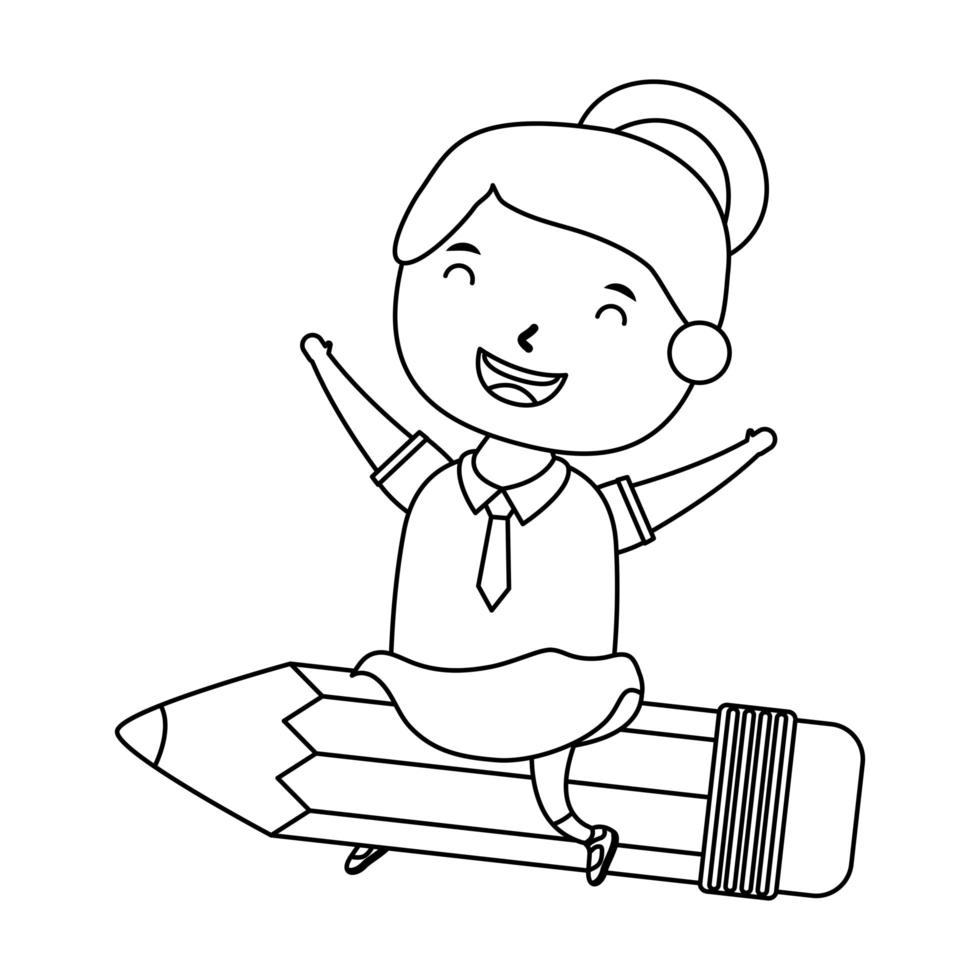 cute little student girl seated in pencil character vector