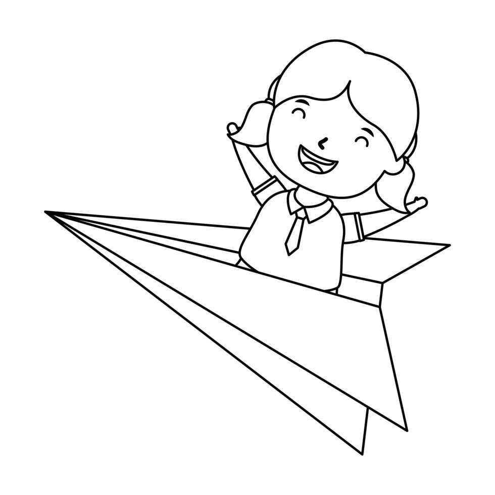 cute little student girl with paper airplane vector